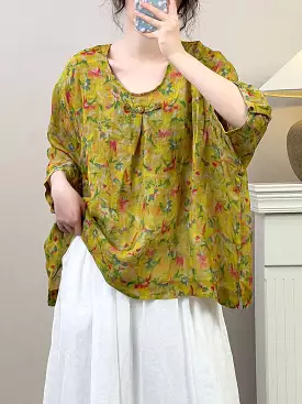 Women Summer Vintage Floral Ramie Pullover Shirt SC1036