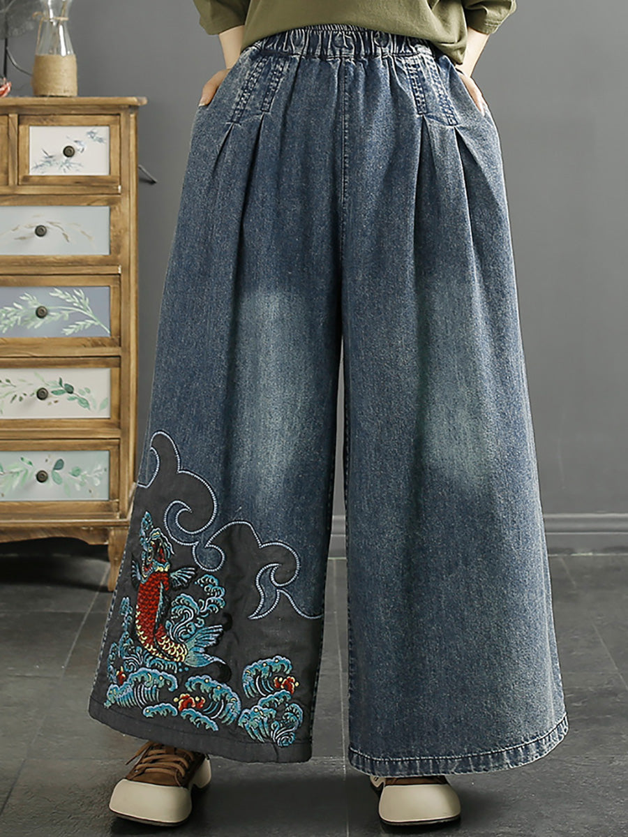 Women Summer Vintage Koi Embroidery Wide-leg Denim Pants CO1049