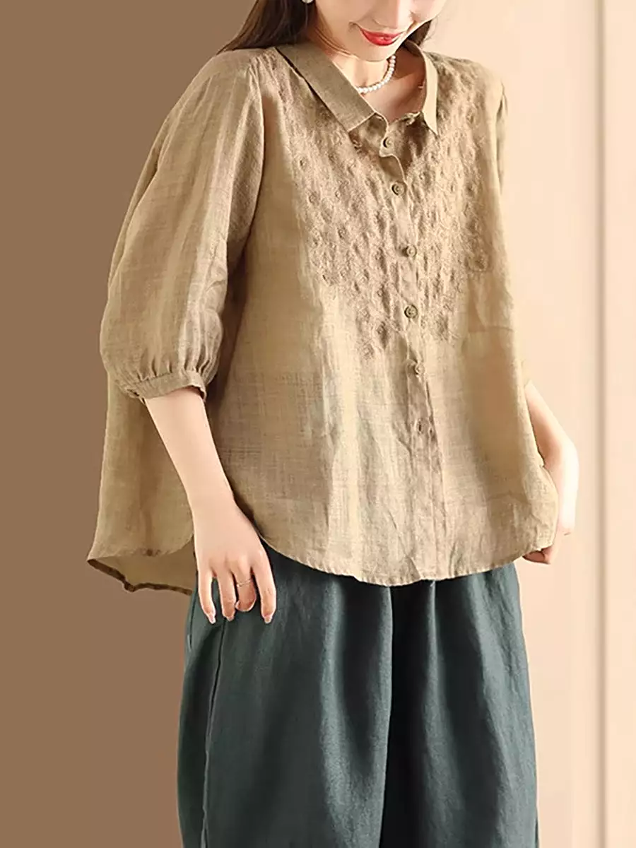 Women Vintage Embroidery Summer Ramie Loose Shirt SC1003