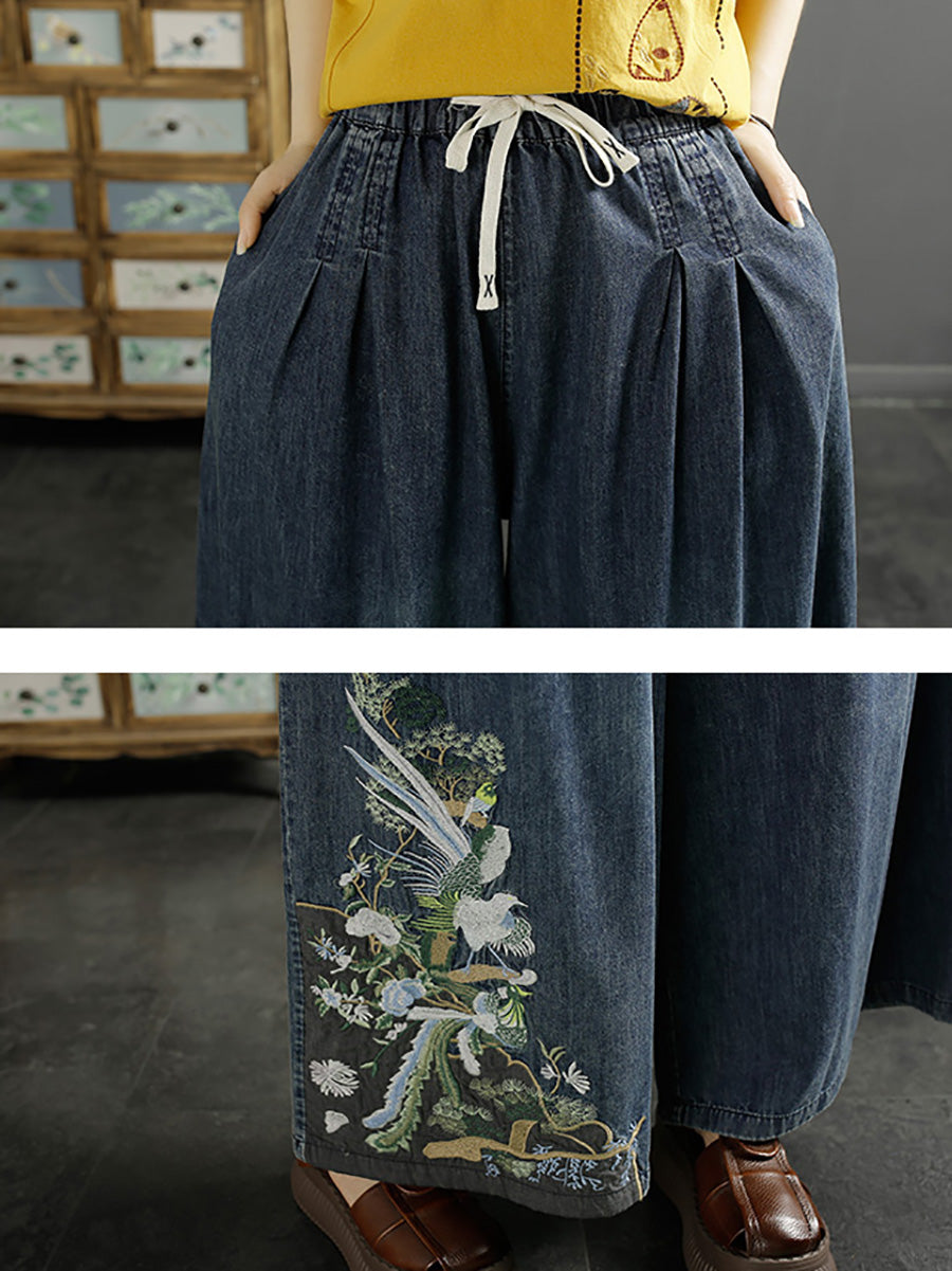 Women Vintage Ethnic Embroidery Wide-leg Denim Pants CO1052