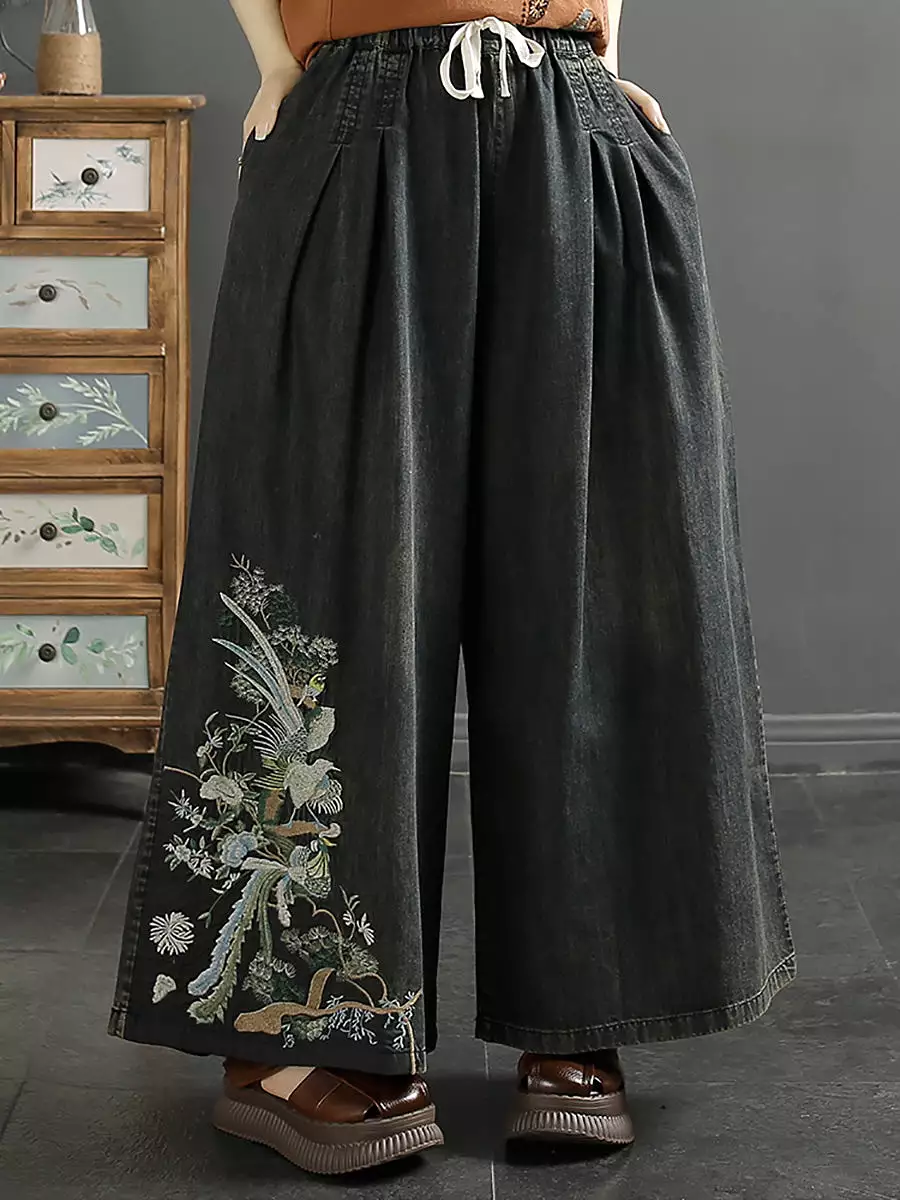 Women Vintage Ethnic Embroidery Wide-leg Denim Pants CO1052