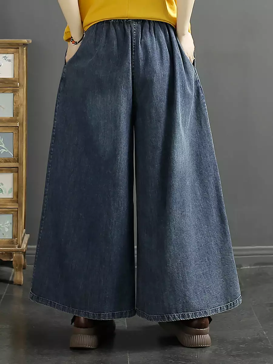 Women Vintage Ethnic Embroidery Wide-leg Denim Pants CO1052