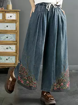 Women Vintage Summer Embroidery Wide-leg Denim Pants CO1050