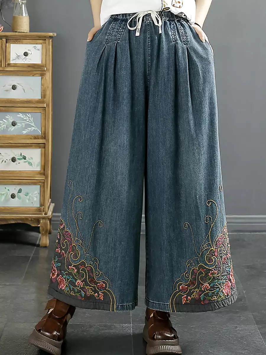 Women Vintage Summer Embroidery Wide-leg Denim Pants KL1007