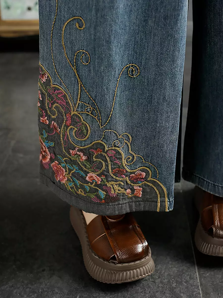 Women Vintage Summer Embroidery Wide-leg Denim Pants KL1007