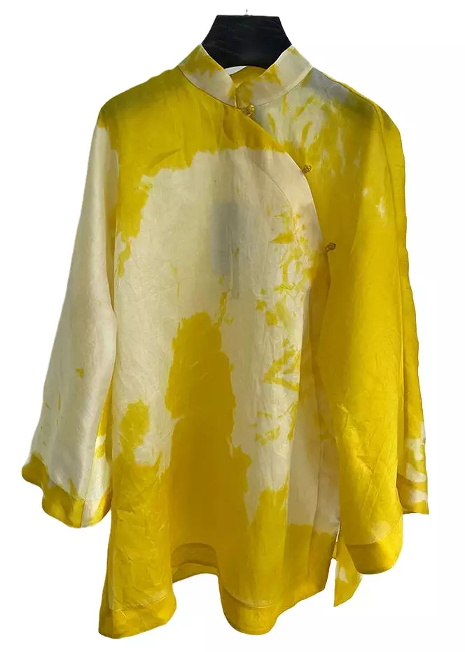 Women Yellow Stand Collar Button Cotton Shirt Long Sleeve QA1084