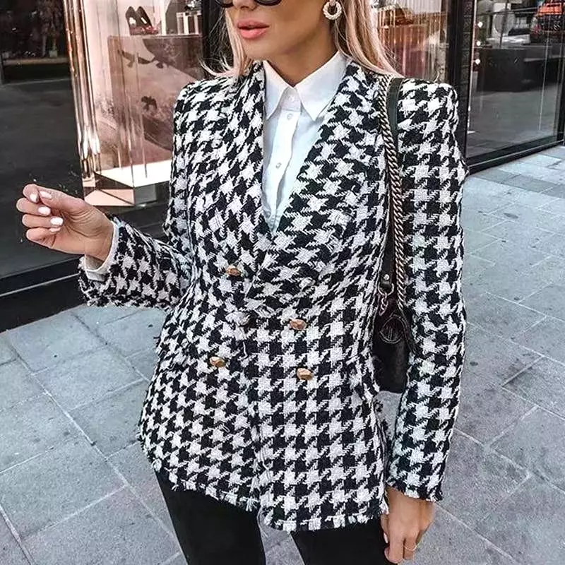 Women's Tweed Jackets Business Wear Black Tassel Houndstooth