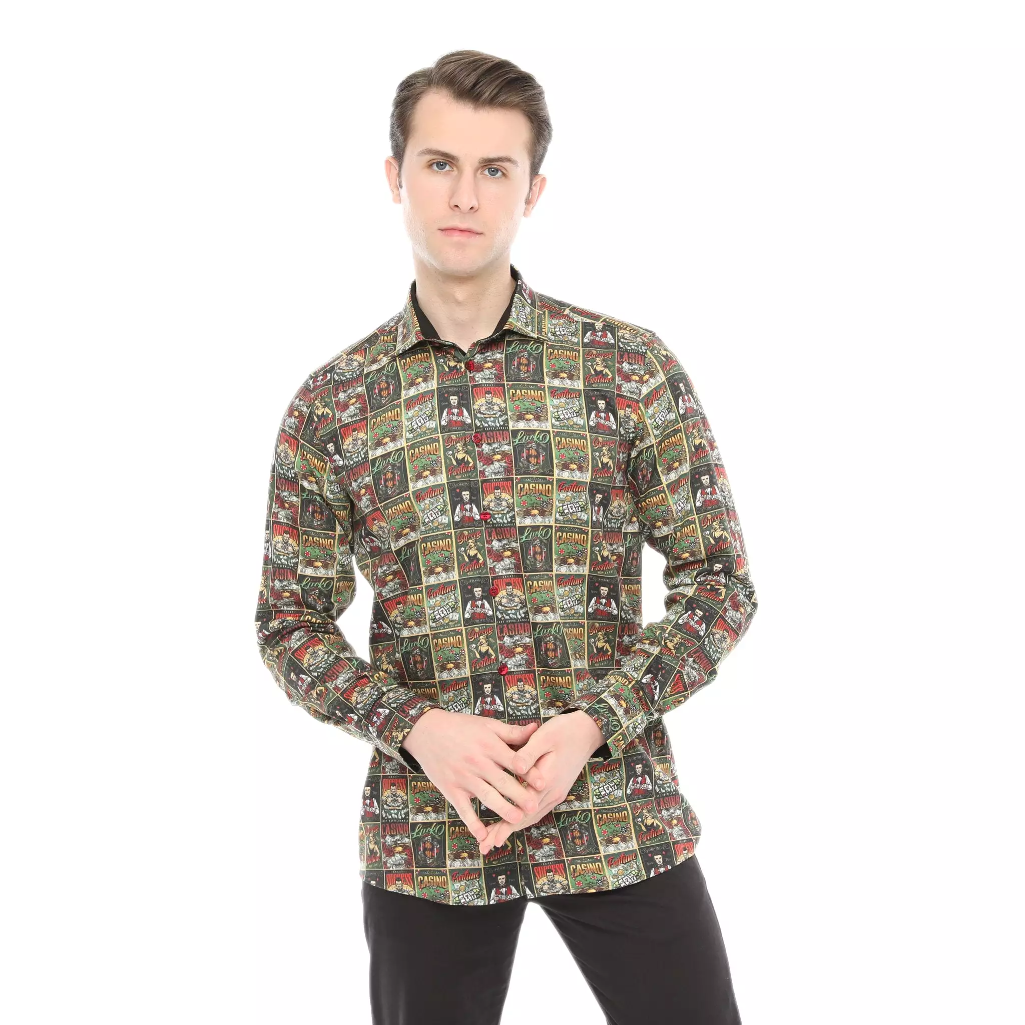 Xact Men's Casino Poster Print Long Sleeved Shirt, Regular Fit