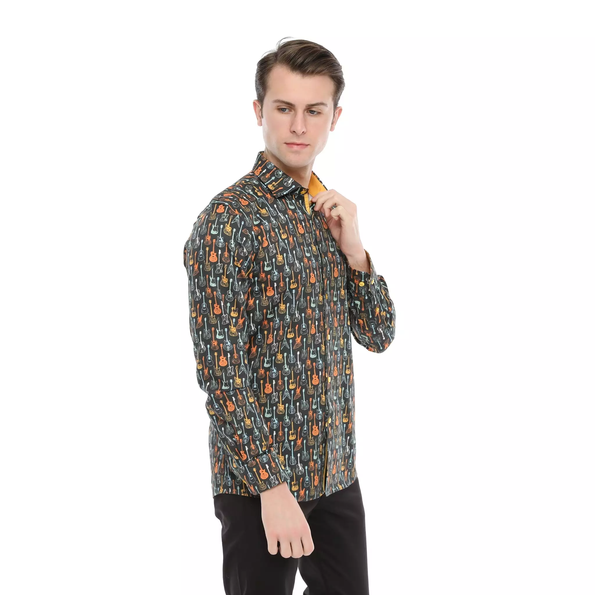 Xact Men's Retro Guitar Print Long Sleeved Shirt, Regular Fit