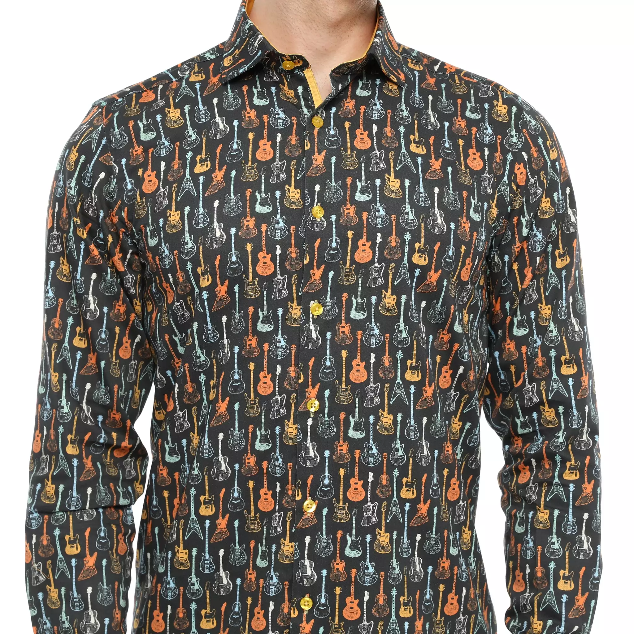 Xact Men's Retro Guitar Print Long Sleeved Shirt, Regular Fit