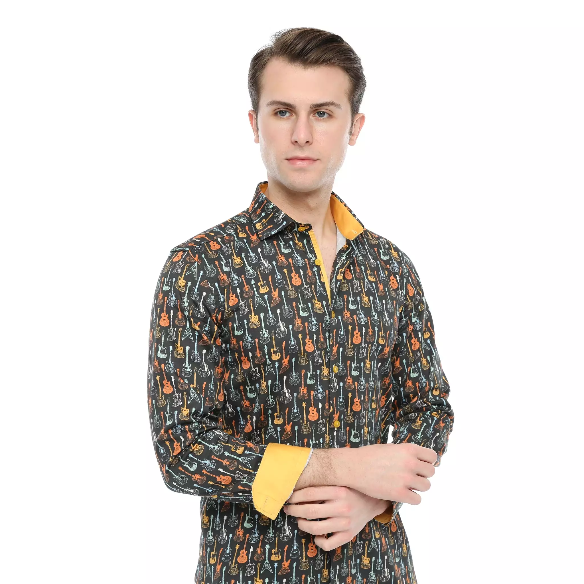 Xact Men's Retro Guitar Print Long Sleeved Shirt, Regular Fit